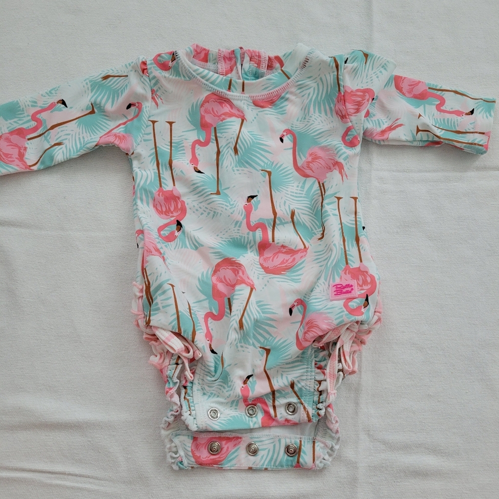 Flamingo ruffle butt rashguard